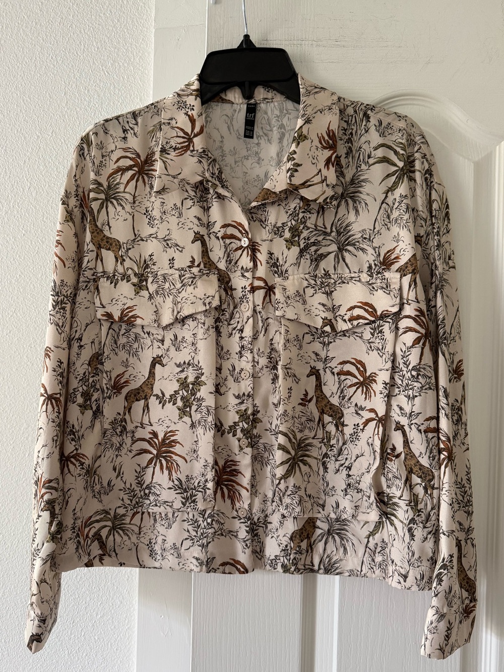 Zara TRF Safari Giraffe Print Button Front Blouse Size M Boho Resort